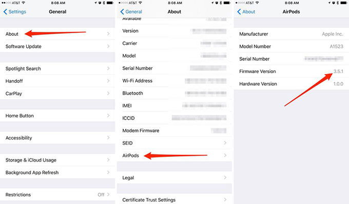 AirPods 2 thông tin trên cài đặt chung