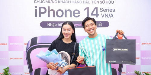 Diễn viên Quang Sơn và bạn gái Lê Thu Trang rạng rỡ đi mua iPhone 14 Pro Max tại 007WIN