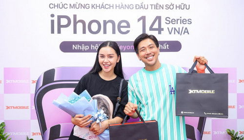 Diễn viên Quang Sơn và bạn gái Lê Thu Trang rạng rỡ đi mua iPhone 14 Pro Max tại 007WIN
