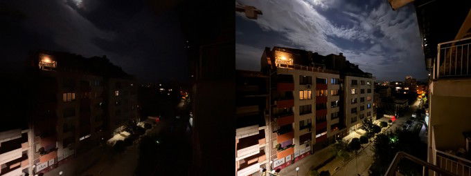 Ảnh chụp góc rộng khi không bật Night mode (trái) và khi bật Night mode (phải)