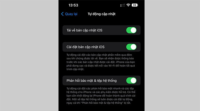 Giao diện chức năng bảo mật iPhone: Phản hồi bảo mật & tệp hệ thống