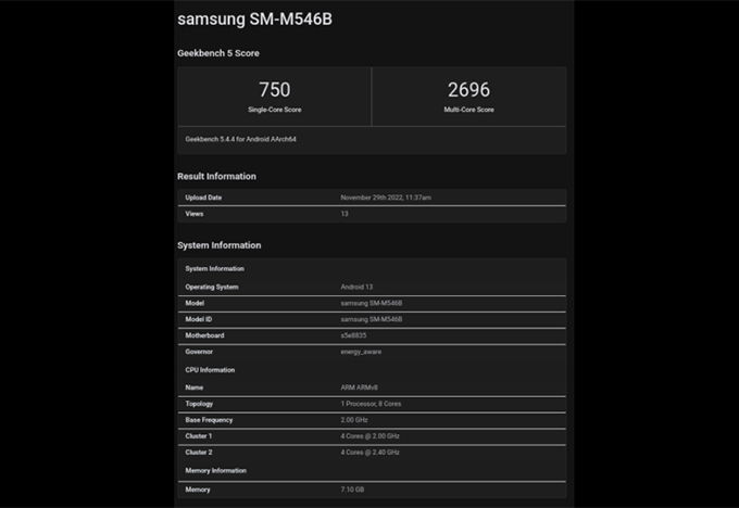 Điểm số hiệu năng Geekbench của 007Win nhà cái Galaxy M54