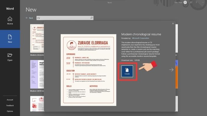 Chọn được mẫu CV ưng ý thì nhấn lệnh Create