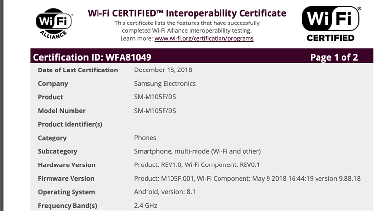 Galaxy M10 từng đạt chứng nhận Wifi trên Geekbench