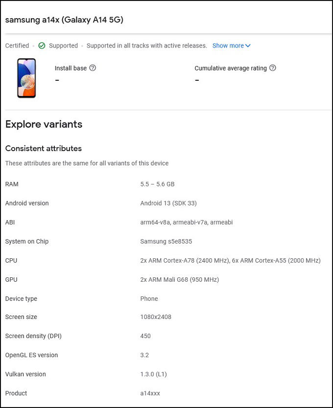 Thông tin về chipset của 007Win nhà cái Galaxy A14 5G rò rỉ trên Google Play Console