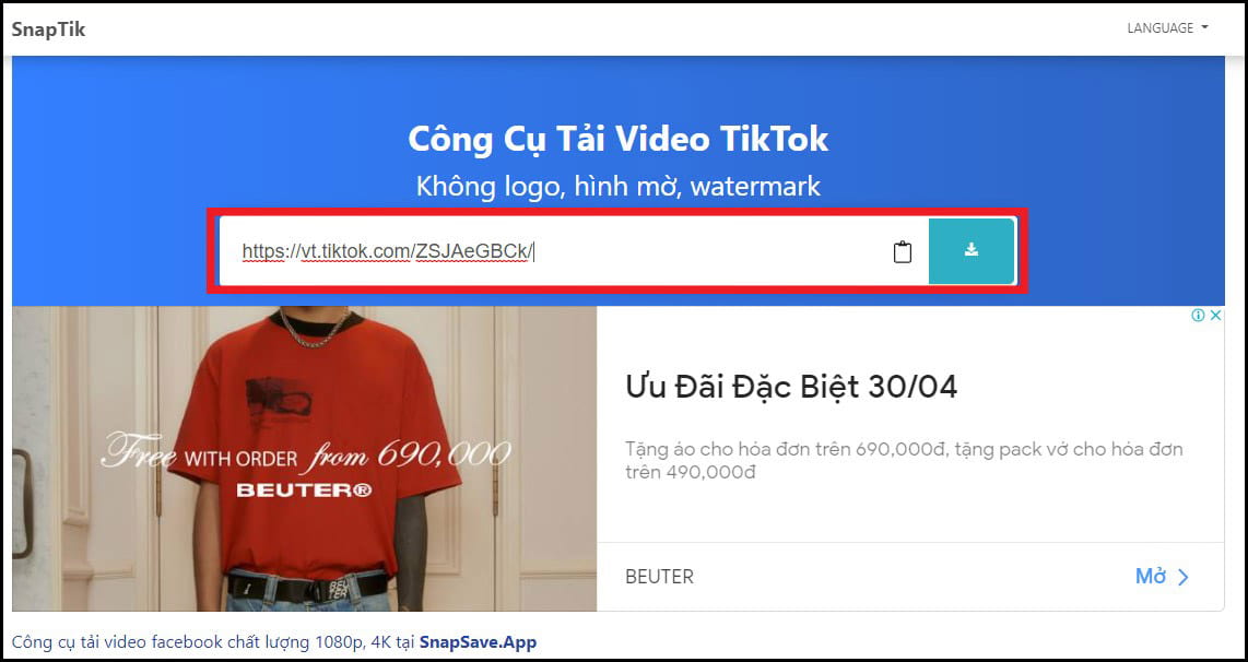 Tải video TikTok không logo qua SnapTik qua máy tính