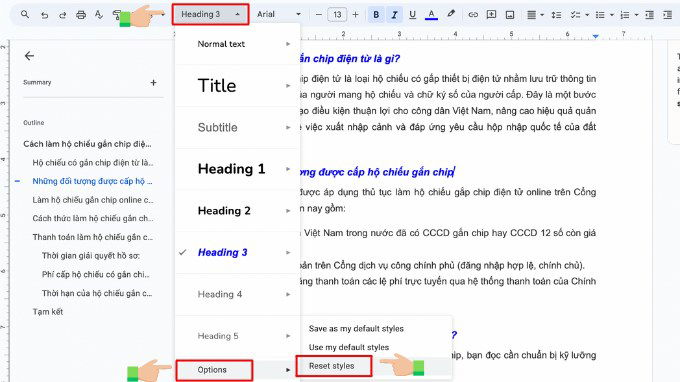 Đặt lại định dạng tiêu đề trên Google Docs