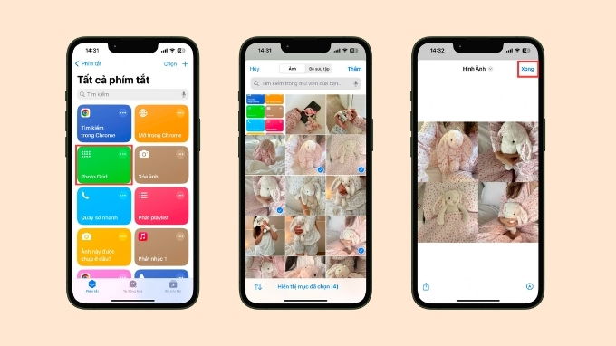 Chọn phím tắt Photo Grid, sau đó chọn ảnh cần ghép và nhấn lệnh Thêm
