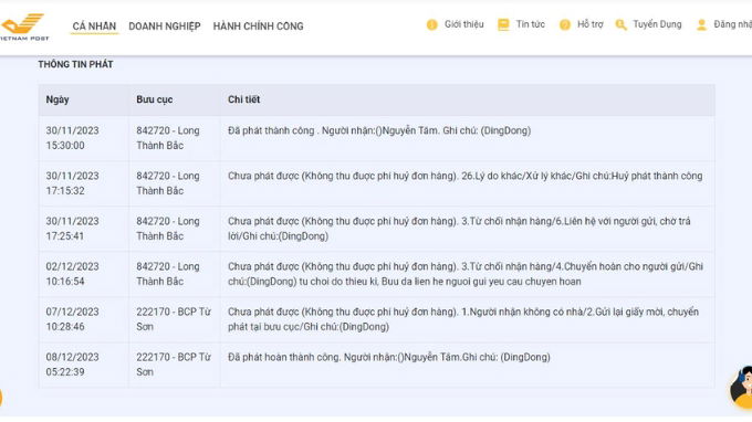 Hệ thống sẽ trả về kết quả chi tiết của quá trình vận chuyển đơn hàng 