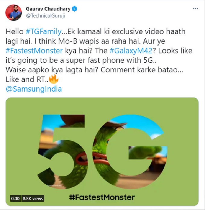 Bài đăng Twitter lộ diện Galaxy M42 với hashtag #fastestmonster