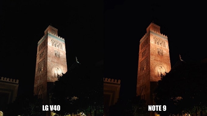 Galaxy Note 9 thể hiện tông màu ấm hơn, xác với thực tế của công trình kiến trúc cổ so với LG V40 ThinQ 